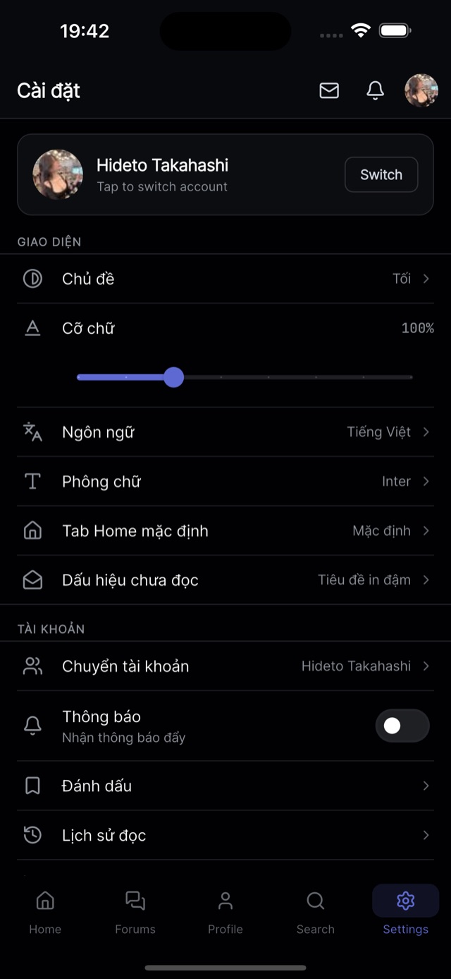 Cài đặt giao diện và tài khoản
